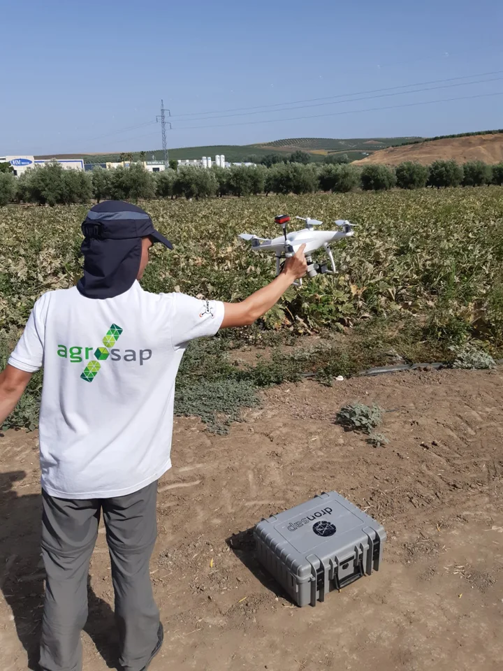 Mario sosteniendo un dron durante una jornada de vuelo multiespectral en colza