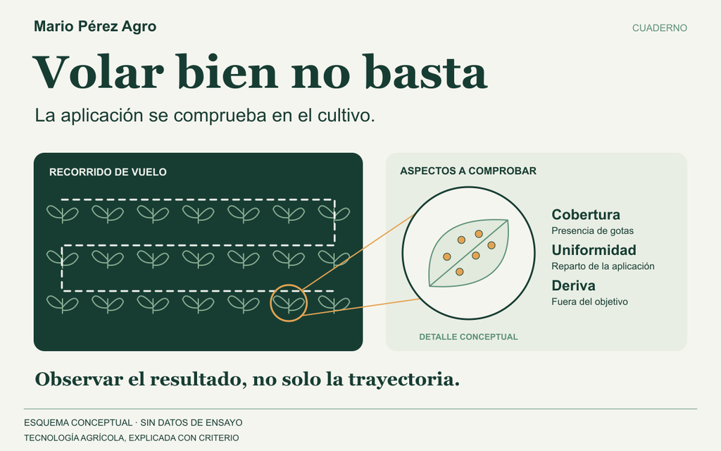 Recorrido de vuelo sobre un cultivo y ampliación conceptual de una hoja con gotas. Cobertura, uniformidad y deriva aparecen como aspectos a comprobar, sin mediciones de ensayo.